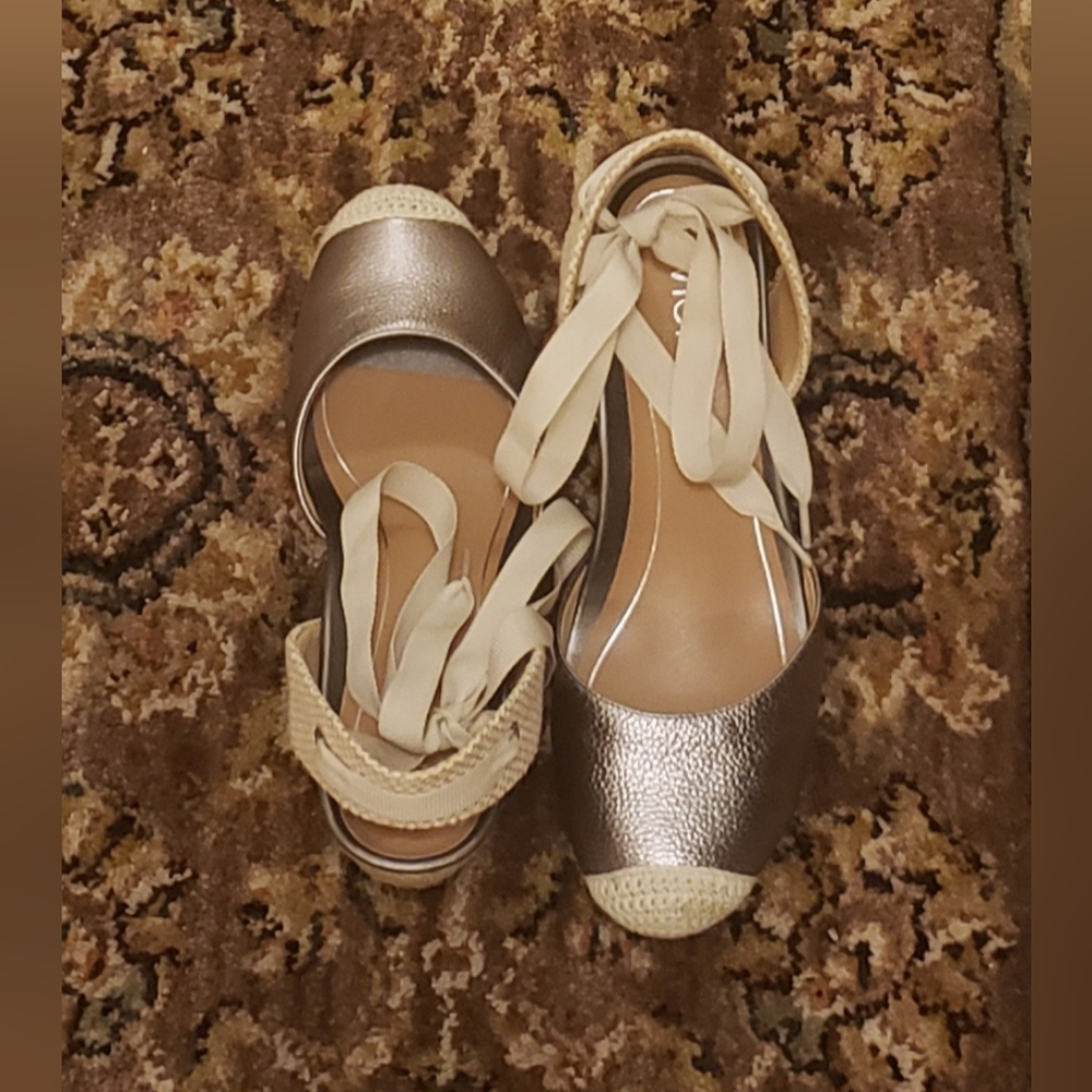 Vionic Metallic Taupe Espadrille Flats with Cream Ankle Ties
